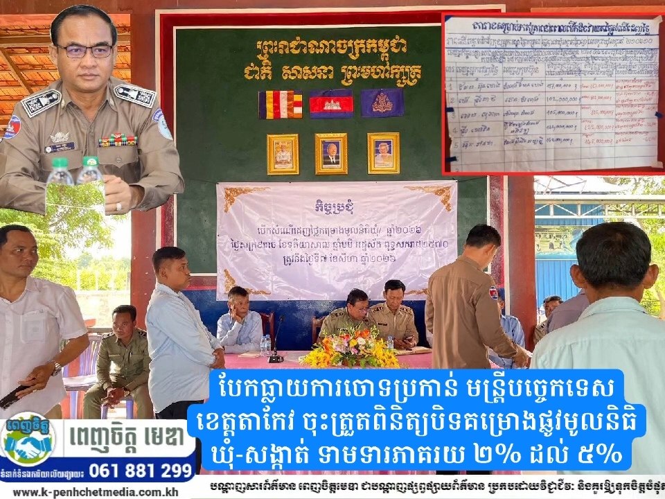 បែកធ្លាយការចោទប្រកាន់ មន្ត្រីបច្ចេកទេសខេត្តតាកែវ ចុះត្រួតពិនិត្យបិទគម្រោងផ្លូវមូលនិធិឃុំ-សង្កាត់ ទាមទារភាគរយ ២% ដល់ ៥%