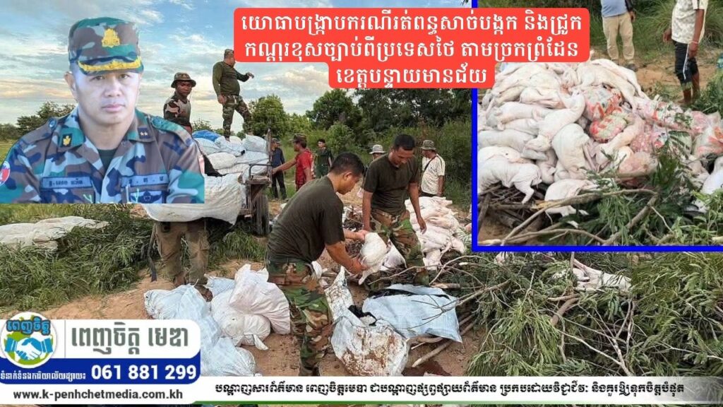យោធាបង្ក្រាបករណីរត់ពន្ធសាច់បង្កក និងជ្រូកកណ្ដុរខុសច្បាប់ពីប្រទេសថៃ តាមច្រកព្រំដែនខេត្តបន្ទាយមានជ័យ